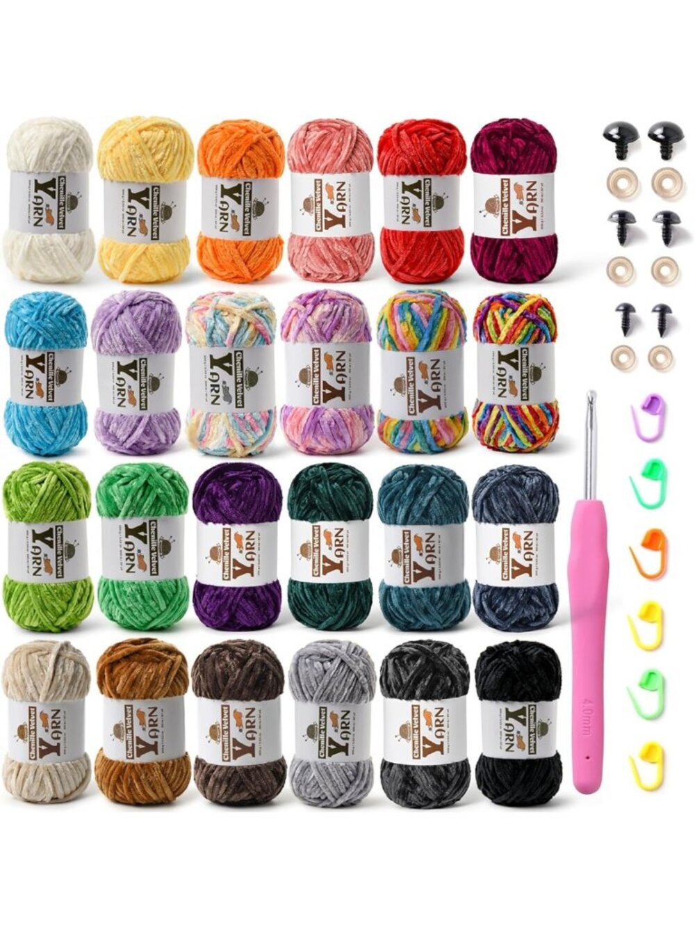 Soft Chenille Velvet Yarn 24-Pack for Beginners | Multicolor Crochet Set